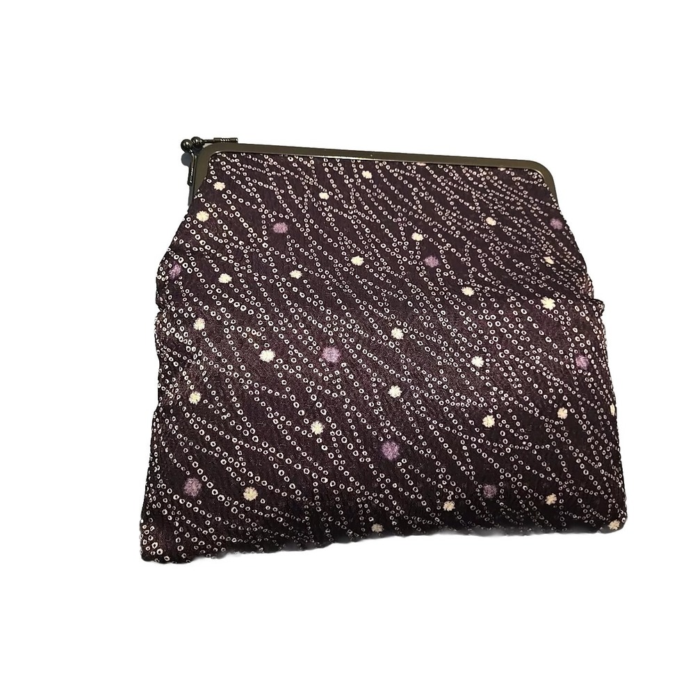 JAPANESE KIMONO VINTAGE CLASP‎ COIN CASE  POUCH TSUMUGI PURPLE  WHITE KISS LOCK